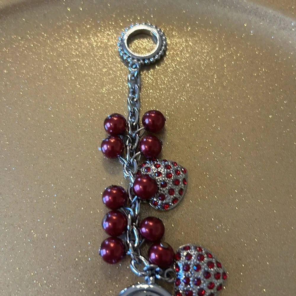 Quartz Watch Bracelet with Red Beads & Hearts on Silver Chain; Watch not working